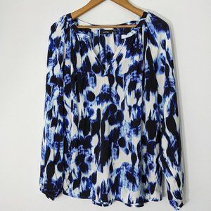 Women's silky blue inkblot blouse, long sleeve 1X